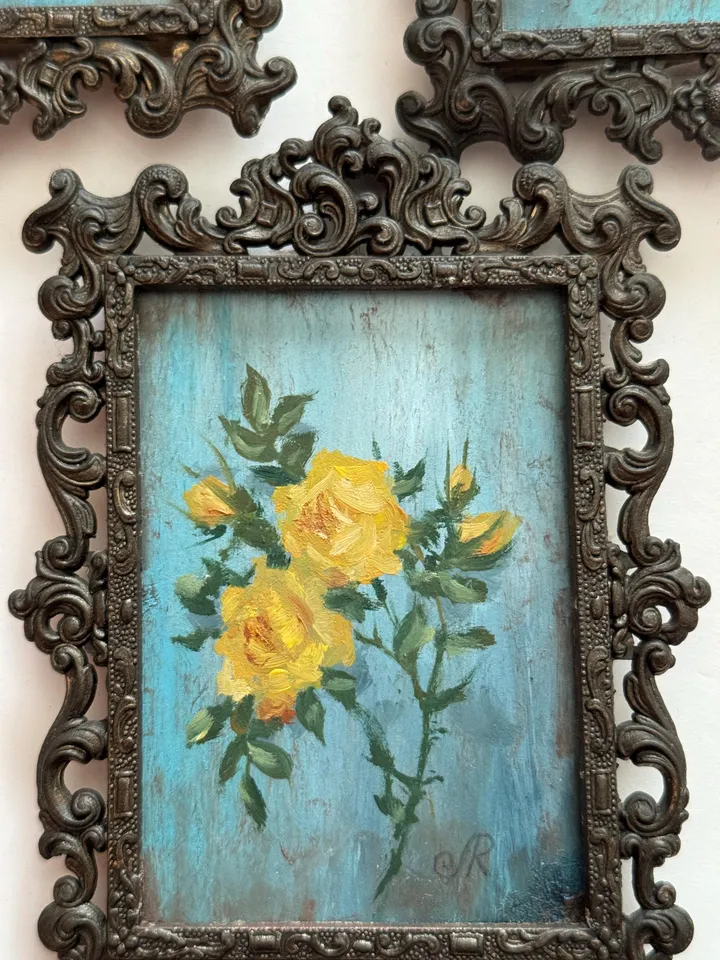 Roses Oil Painting Aceo Original Painting Framed Shabby Chic Painting