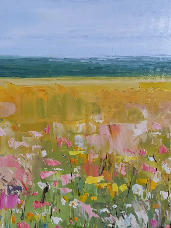 Oil painting abstract landscape with wildflowers.