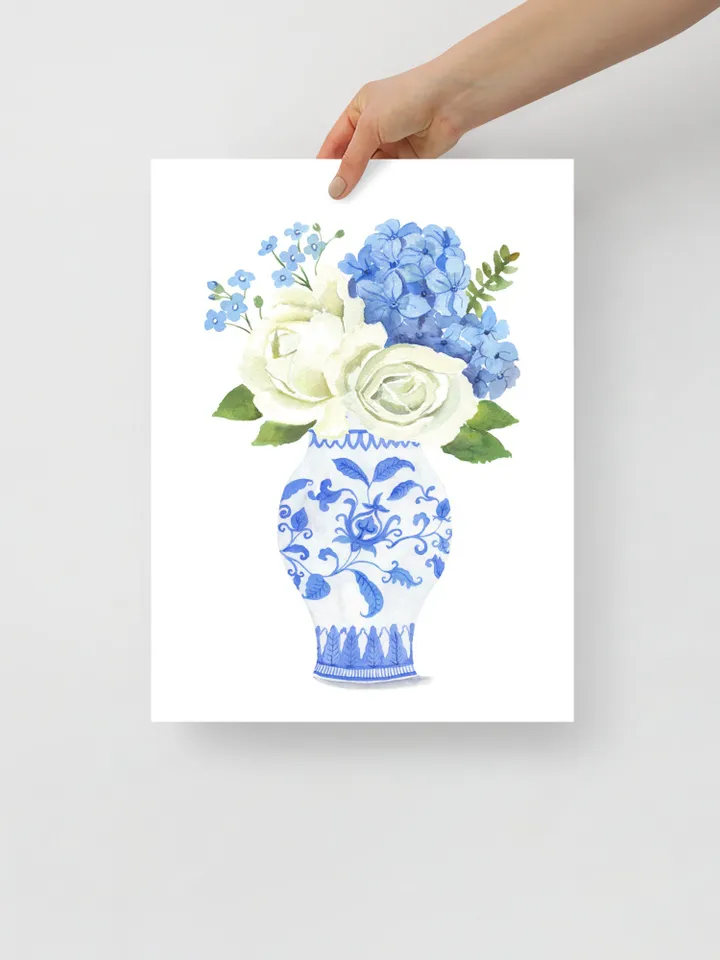 Chinoiserie Vase Wall Art Print, Hydrangea Painting, Ginger Jar Art, Blue and White Porcelain  Vase,Housewarming Gift, Apartment Decor Print