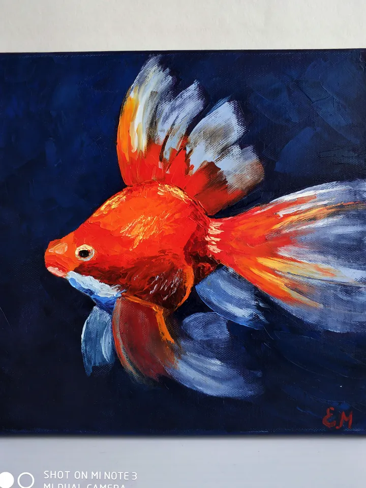 Oil painting goldfish, Bright fish, Symbol of good luck and happiness, Goldfish oil painting
