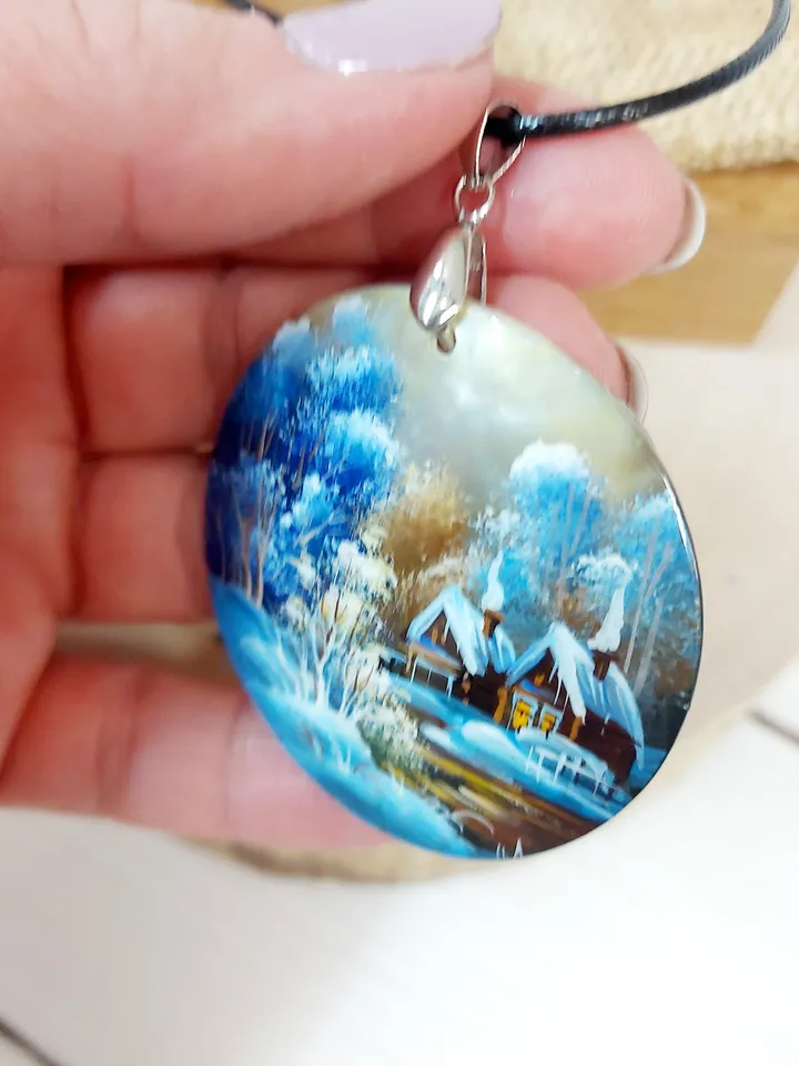 Nice Pendant Winter landscape. Village. Mother-of-pearl Russian hand painting. Hand-painted necklace pendant. Miniature painting