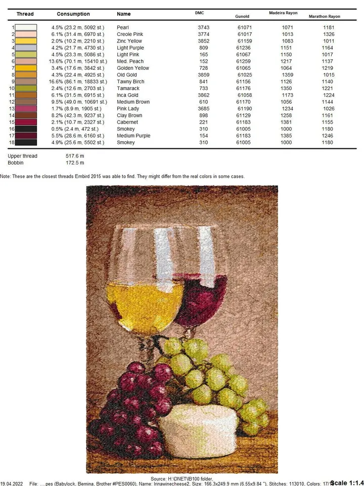 PhotoStitch Wine with cheese and grape machine embroidery designs digital embroidery pattern PhotoStitch Machine embroidery motif  food