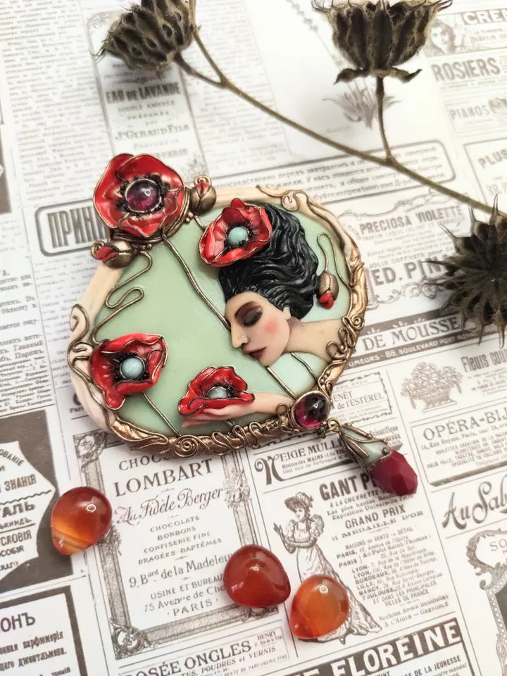 Brooch Virgo with poppies, poppies pendant, Brooch with poppies,Red poppies