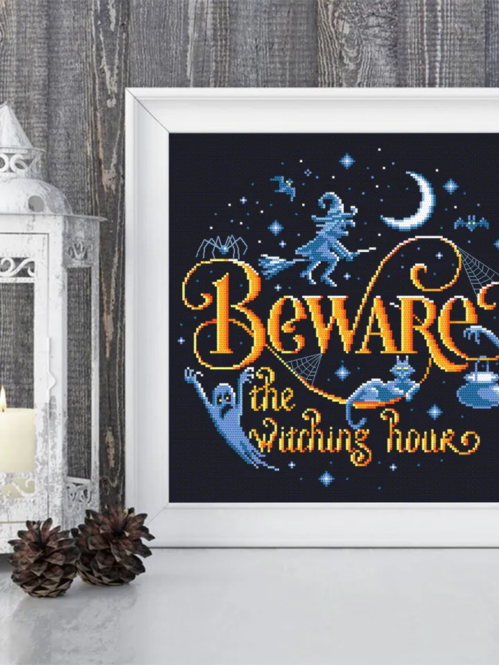 Halloween quotes cross stitch pattern download PDF, Witch cross stitch chart, Beware the witching hour, Halloween pattern digital PDF #H38