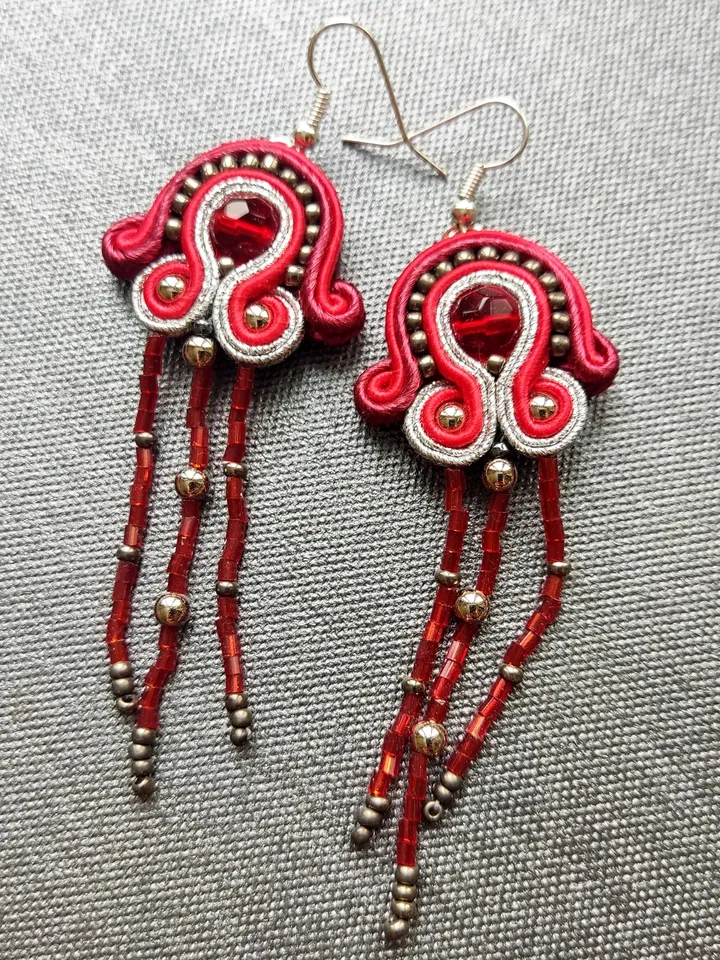 Red earrings, Long beaded earrings, tassel earrings, embroidered soutache earrings