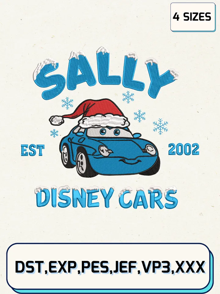 Christmas Cars Sally Est. 2002 Embroidery Design,Christmas Embroidery Designs,Machine Embroidery Files,Cars Sally Embroidery Design,4 Sizes