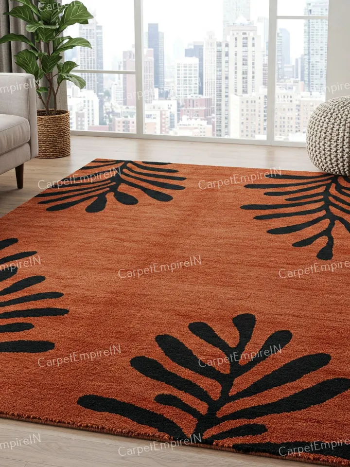 Rustic burnt rug,Orange area rug - Botanical wool rug, Hand-Tufted, Floral carpet, Contemporary, Home decor, floral,4x6,5x7,8x10,9x12,10x14.