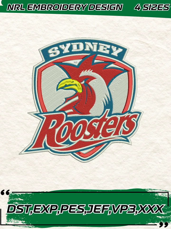 Sydney Roosters Logo Embroidery Design,NRL Machine Embroidery Digitized Pes File,4 Sizes, Instant Download