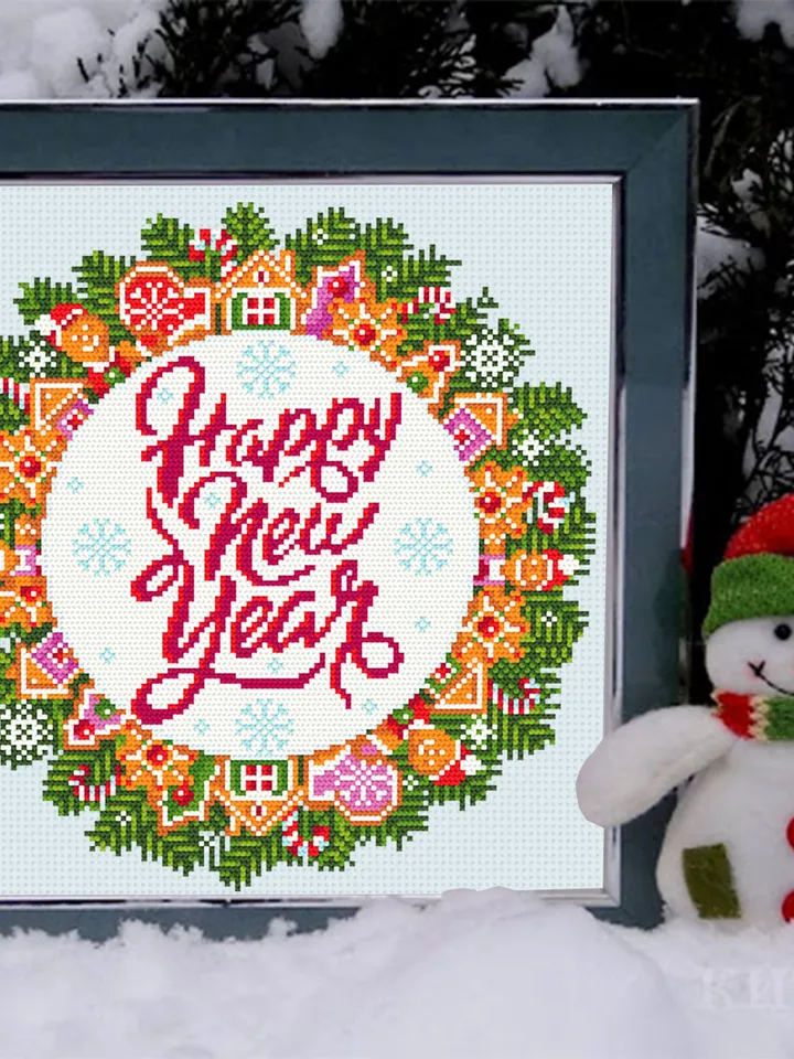 Christmas wreath cross stitch pattern download PDF Winter holiday cross stitch chart Christmas pattern digital Happy new year stitch #N24