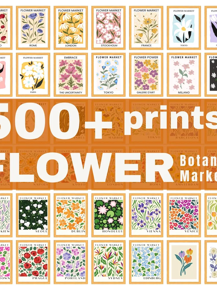 Flower Market Print Set of 500 Flower Gallery Wall Set, Trendy Floral Posters, Colorful Art Print Bundle, Botanical Art Set,Digital Download