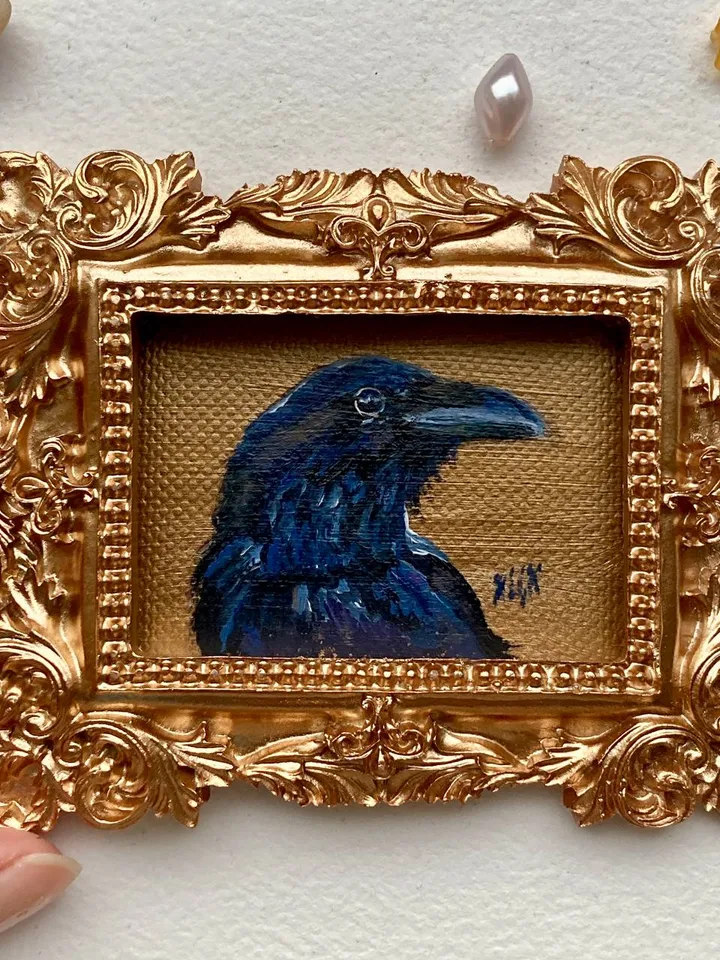 Framed Raven Painting Small Original Corvid Artwork Crow Art Tiny Oil Painting Framed Bird Painting