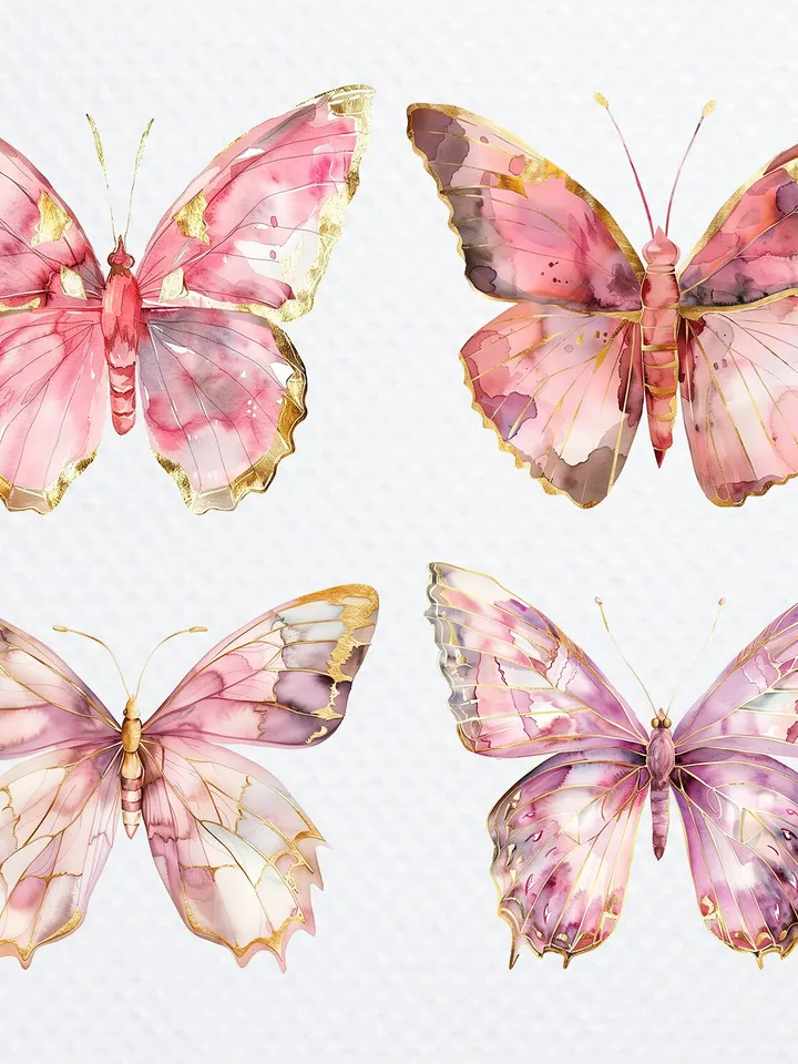 12 Pink Golden Butterfly PNG Clipart, Printable Watercolor Butterfly, Butterfly sublimation, Paper craft, junk journals, Digital download