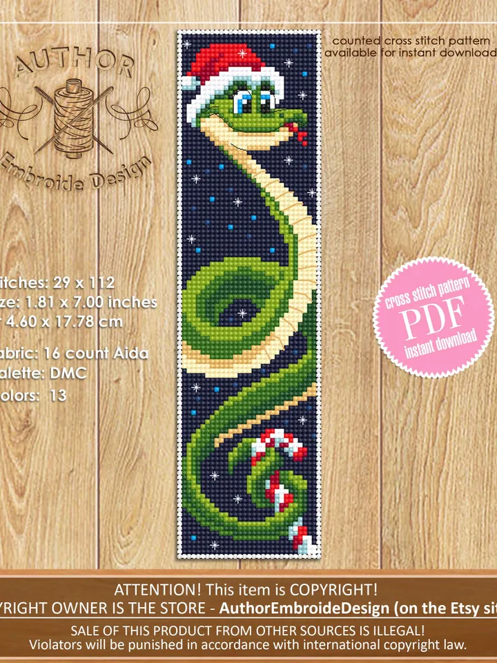 Christmas bookmark cross stitch pattern PDF download Cute snake cross stitch chart, Snake bookmark pattern digital PDF, Happy new year #B359