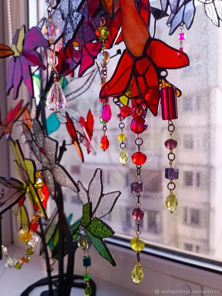 Vertical Flower Branch 3D, 3D Stained Glass Flower Branch, Vertical 3D Floral Stained Glass Branch, 3D Floral Branch in Stained Glass, Vertical Stained Glass Flower Composition in 3D, 3D Stained Glass Blossom Branch, Vertical 3D Flower Design