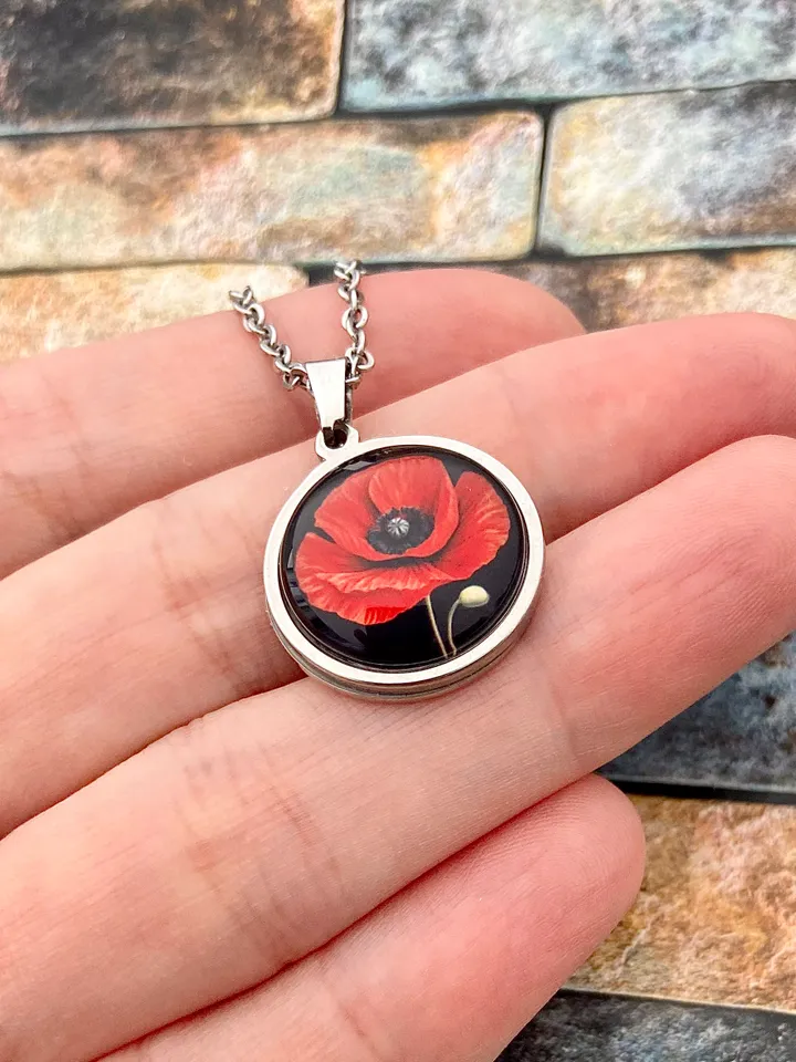 Red poppy flower necklace, steel pendant with glass