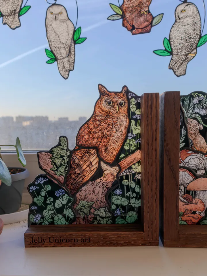 Stained glass bookends with mushrooms and owl, Home decor with fungi