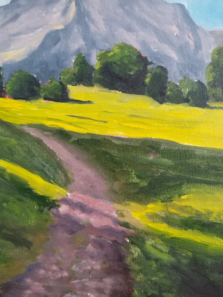 Landscape oil painting with mountains Switzerland Green hill and track Small artwork