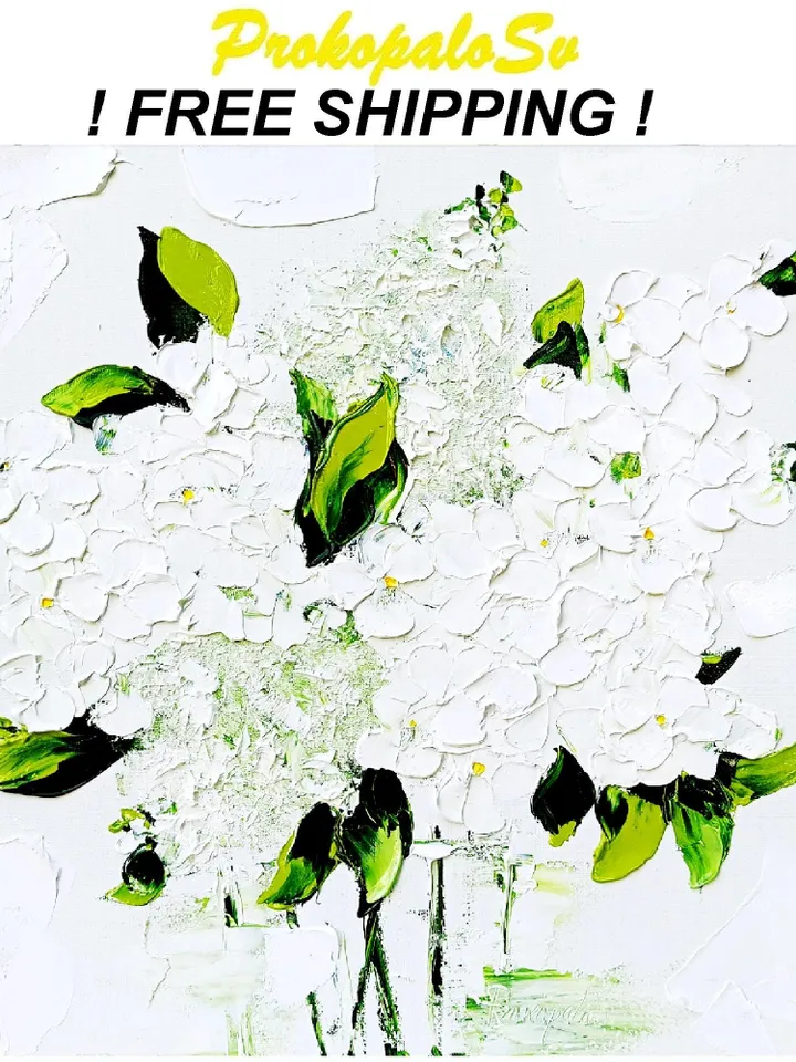 White Hydrangea Painting Original Art Impasto Oil Painting Christmas Gifts Abstract Floral Palette knife Flower Painting