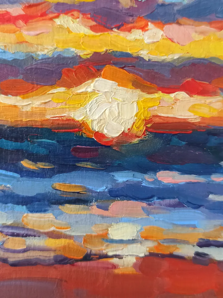 Seascape, Sunset at the sea, Small original oil painting 5x7 inches