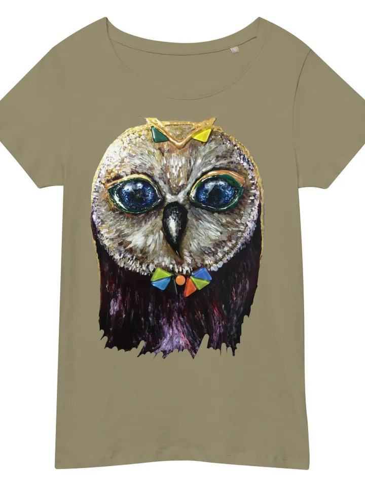 Red owl in glasses Women’s organic t-shirt made with my original stained glass painting,unique design handmade t shirt,special gift for her