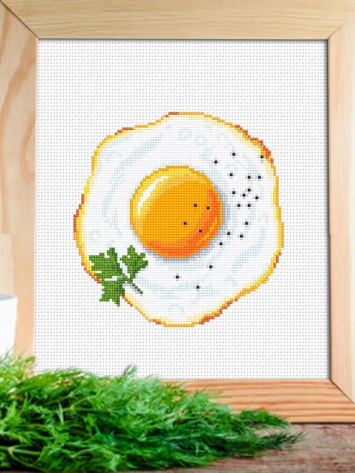 Fried egg cross stitch pattern PDF instant download Food cross stitch chart for beginners, Small egg pattern digital PDF, Kitchen decor #F21