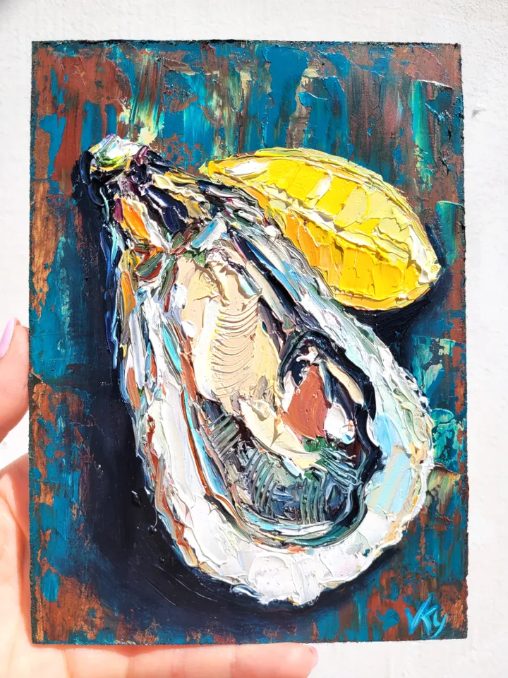 Oyster Painting Coastal Decor Impasto Oil Painting 5x7 Shell Original Art Seafood Art Oyster Shell Wall Art Kitchen Wall Art Food Painting by ArtFromVictoria