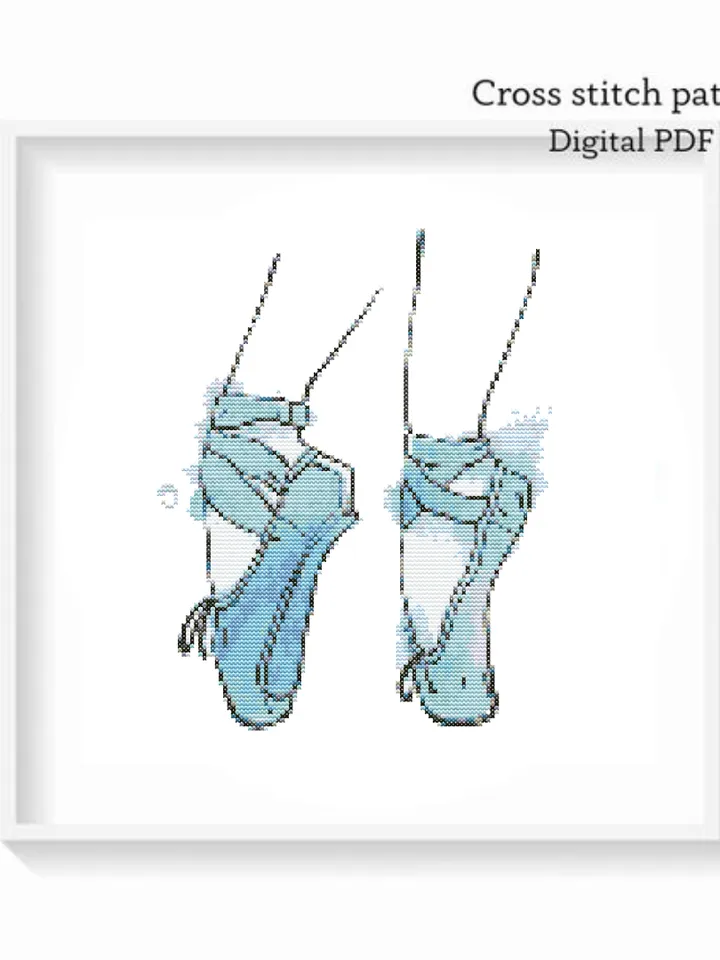 Blue pointe shoes cross stitch PDF pattern, Watercolor embroidery design, Instant download