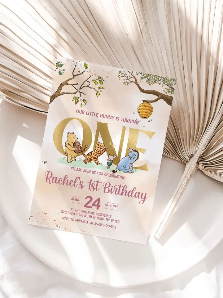 Classic Winnie Pooh Baby Birthday Invitation; Winnie Pooh Baby Birthday ; Greenery Baby Birthday; Honey Bear Birthday; Winnie Pooh wp