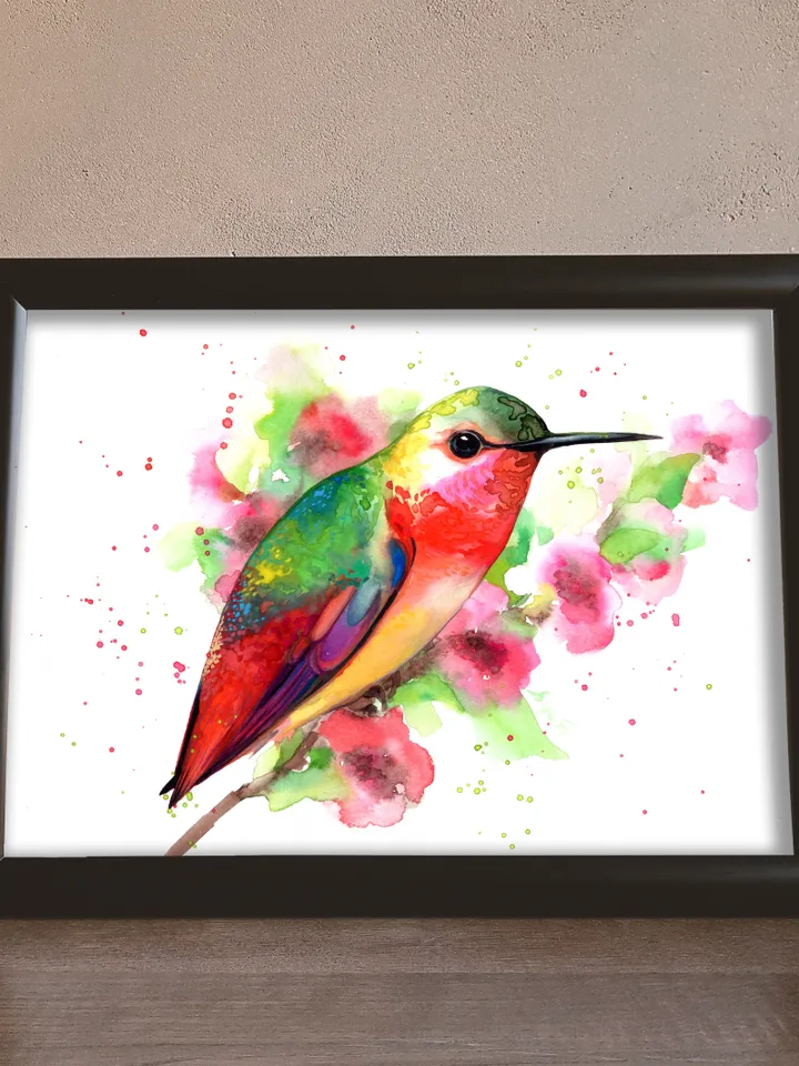 Hummingbird original watercolor, bird on the branch flowers painting, colibri portrait room decor, 8x11 in wall art for bird lovers handmade by Anne Gorywine