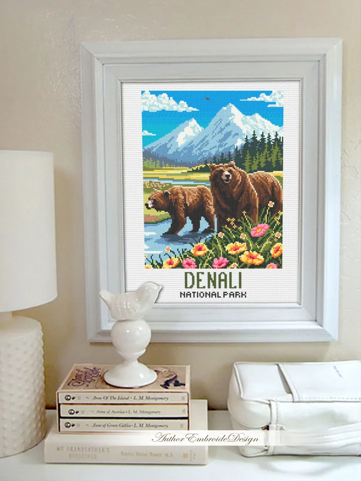 Denali national park cross stitch pattern PDF download Bear cross stitch chart, Mountain landscape pattern digital PDF, Travel poster #L99