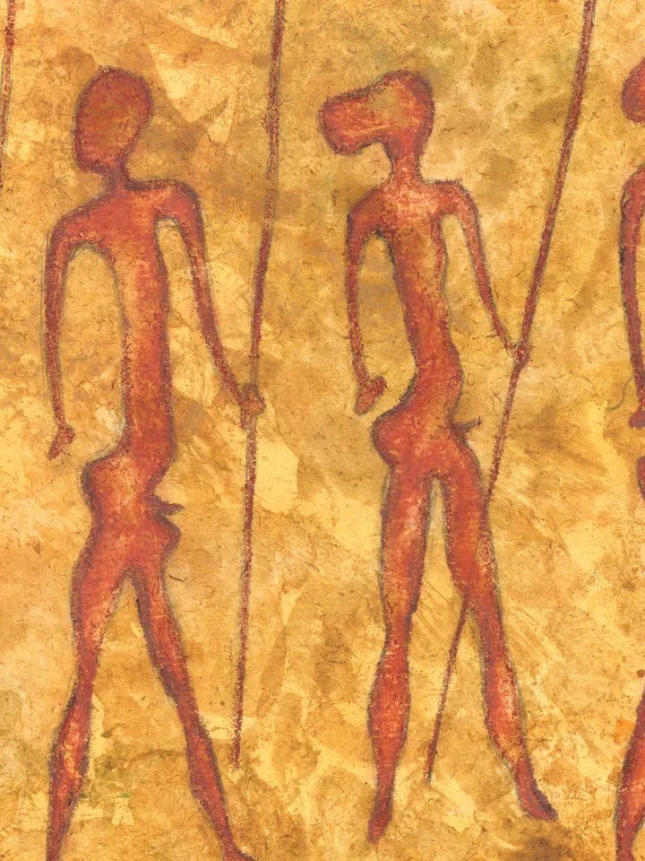 Prehistoric man wall art | Original Pastel and Watercolor Artwork Ancient Cave Painting Style | Warriors Prehistoric art | Handmade Artwork | Hunters stylization of rock art | Drawings of a prehistoric man