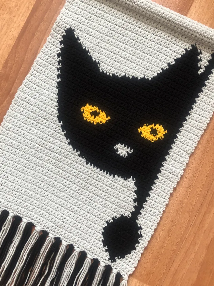 Crochet Black Cat Wall Hanging Decor Pattern PDF
