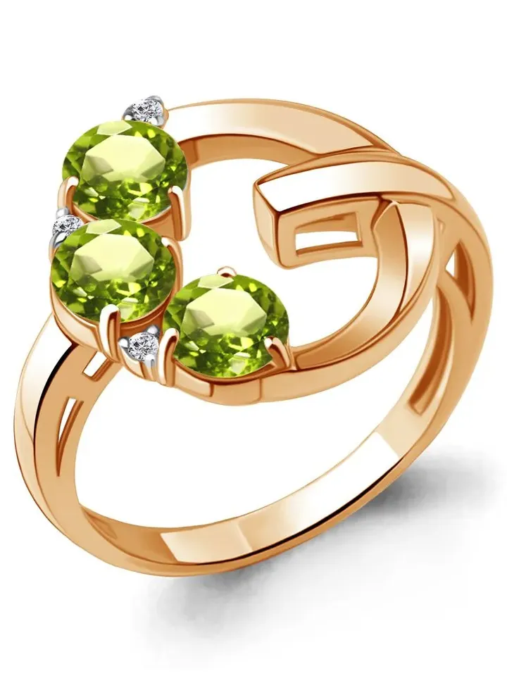 Ring silver 925 gold plated with natural chrysolite and cubic zirconia