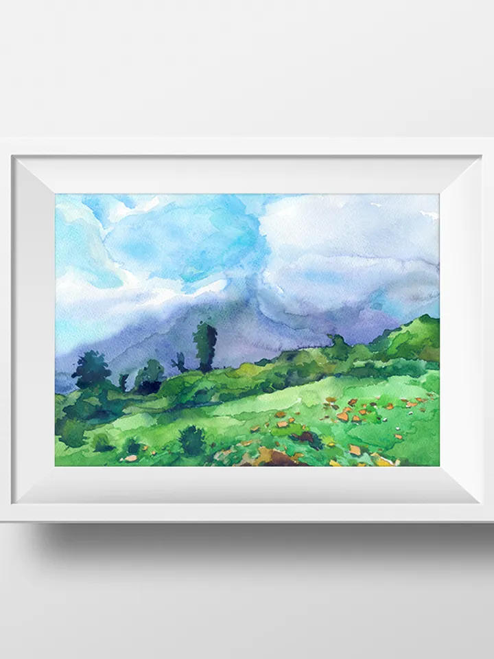 High in the mountains Watercolor painting for printing Digital file Landscape Poster