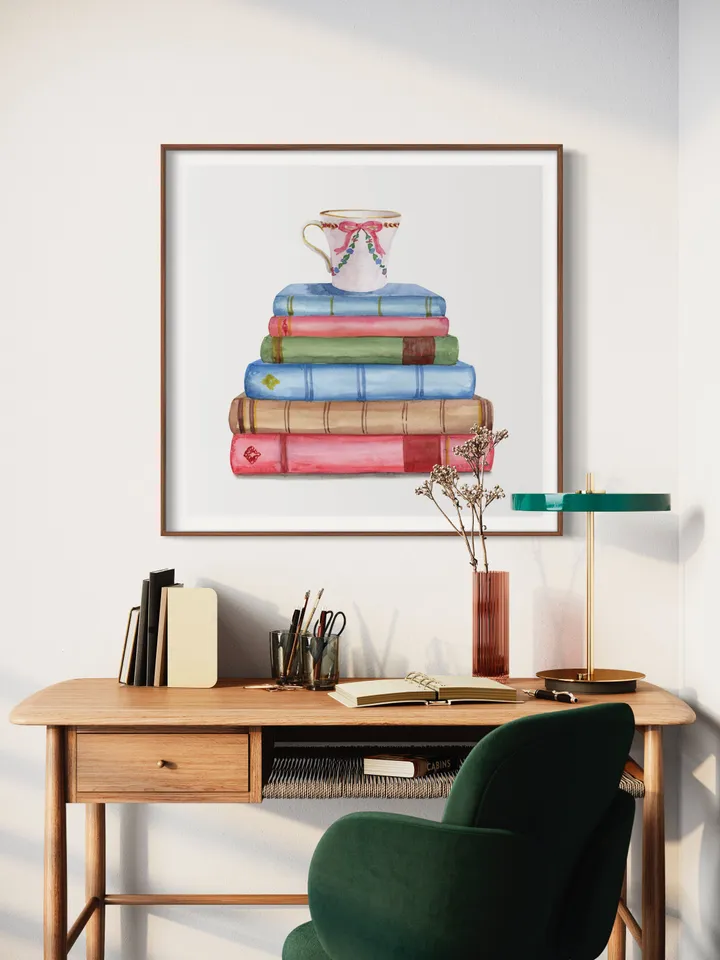 Vintage Book Art Print, Watercolor Painting Poster, Vintage Book Art, Watercolor Book Art, Home Office Wall Art, Stack Of Books, Library Art
