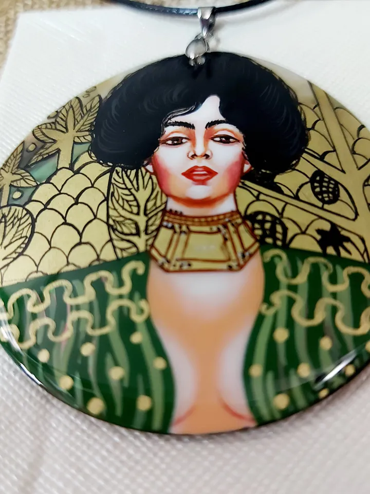 Pearl pendant necklace: Judith by Gustav Klimt on handmade necklace. Painted lacquer shell jewelry. Dainty gift for aesthetic women of power