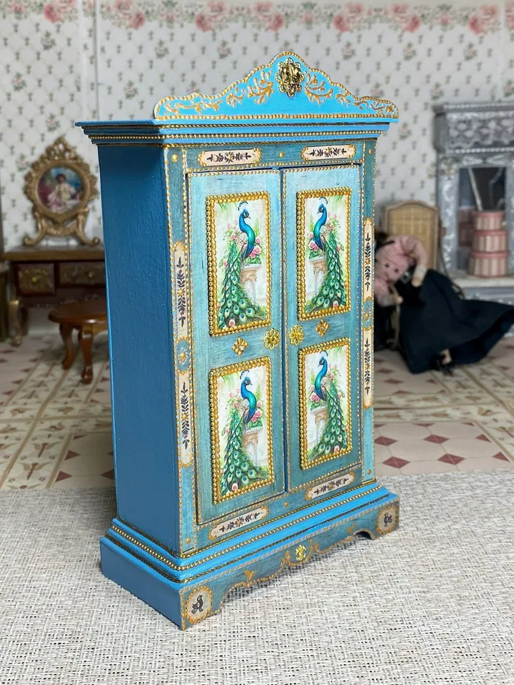Wardrobe with peacocks. Dollhouse miniature. 1:12. Handmade wardrobe. Wardrobe for a doll.