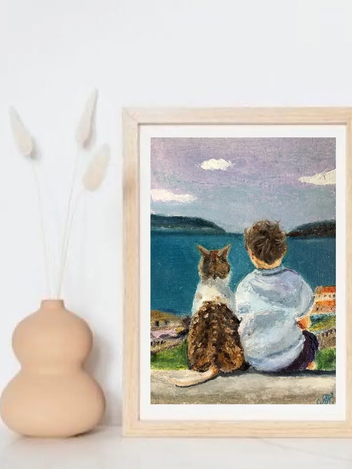 Baby and cat original oil modern painting wall art 6x8 inches
