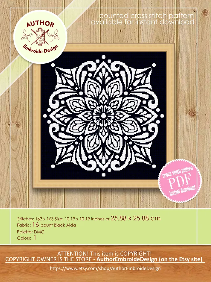 Flower mandala cross stitch pattern PDF download Square ornament cross stitch chart, Mandala pattern digital PDF, Mandala embroidery #M176