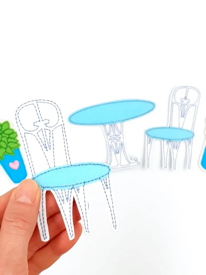 ITH Dollhouse Garden Furniture Embroidery Design Set, Felt Patio Table Chairs Pattern, Miniature Digital File