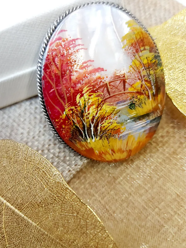 Brooches for women: Fall season in enchanted forest on pearl brooch • Red and orange handmade seashell pin • Dainty bright brooch for dress