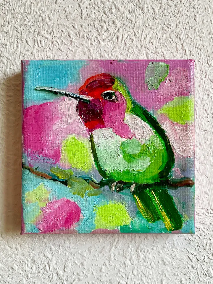Hummingbird Painting, Bird Original oil Painting on Canvas, Wildlife Art, Miniature Artwork 4"x 4"