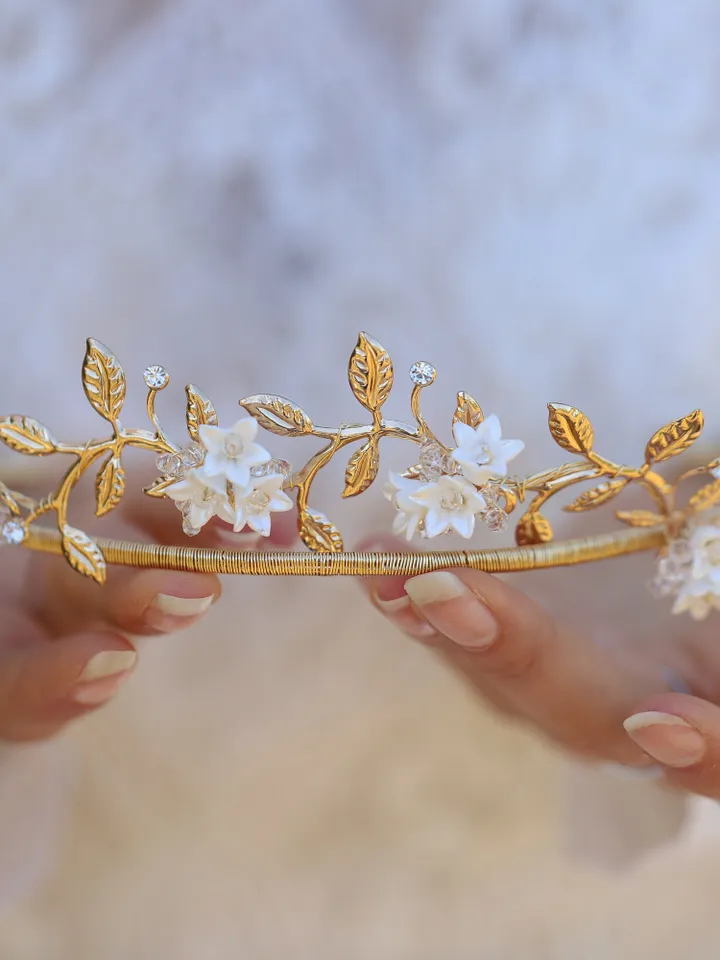 Porcelain Flower Wedding Earrings , Gold Floral Bridal Earrings, Gold Chandelier Statement Earrings For Bride, Bridesmaid Gift, Jewelry