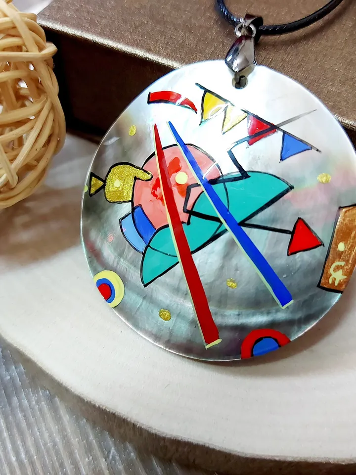 Pendant Kandinsky 2 Mother-of-pearl Hand-painted Russian jewelry magic of painting fine art jewelry Art gift Fedoskino Collectible