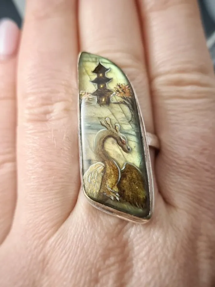 Dragon ring Labradorite ring Stone painting dragon Aaa large labradorite ring