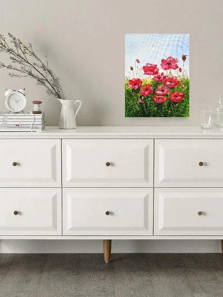 Oil painting, Bright red flowers, Canvas, Meadow Art, Red Poppies,Impasto Art