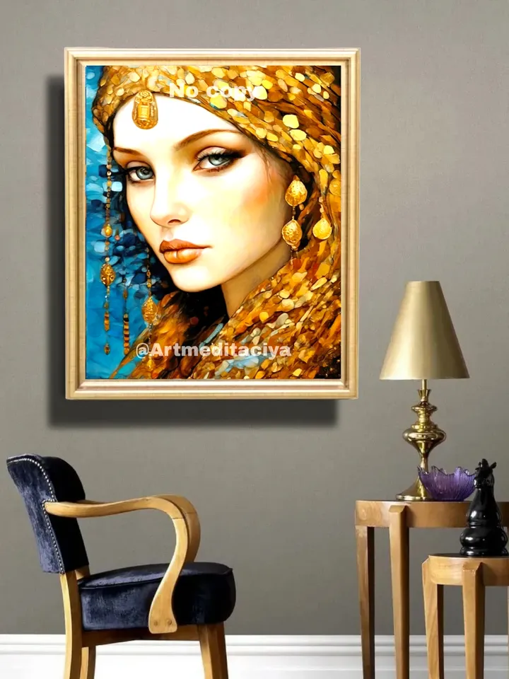 Digital abstract textural modern painting "Slavyanka with gray-green eyes in a gold textured ethnic cape" on an abstract blue-blue background in the style of pasty painting