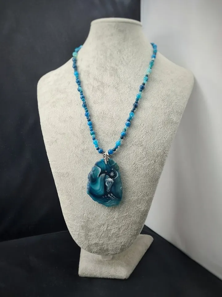 Snow horse necklace Jewelry Hand painted on blue agate miniature painting