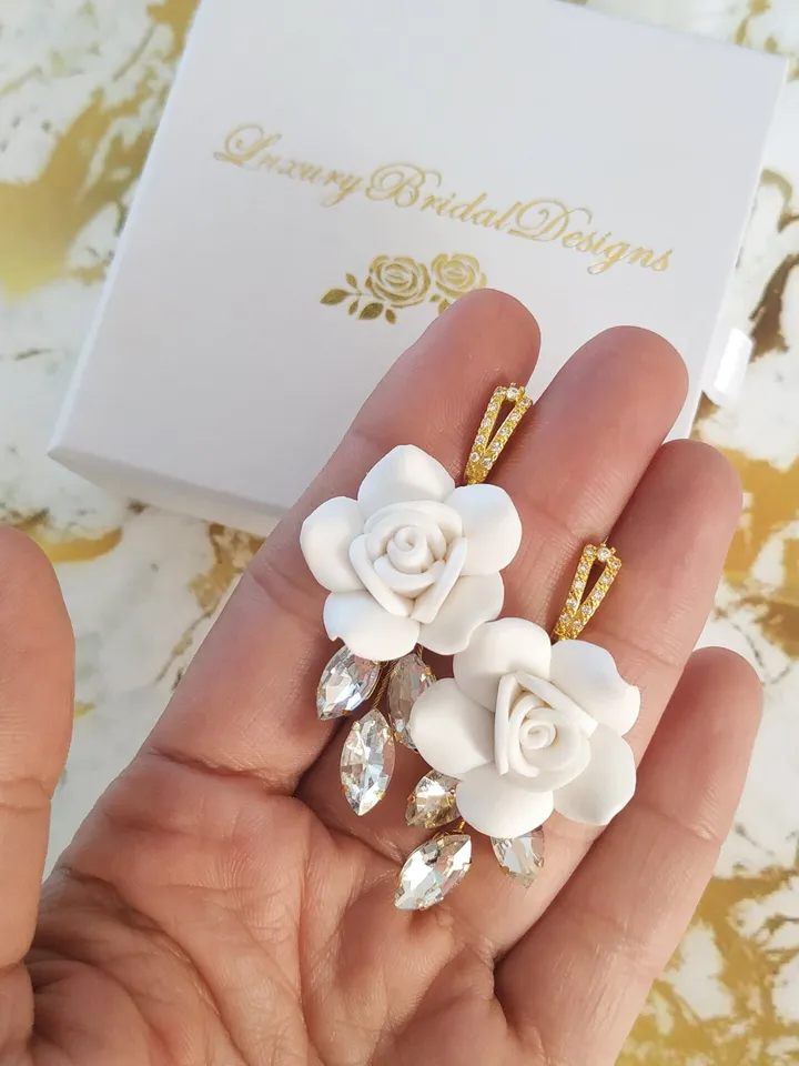 Boho Wedding Earrings, Floral Statement Bridal Earrings, Flower Wedding Earrings, Bridesmaid Gift, Statement Wedding Jewelry, Gold Jewellery
