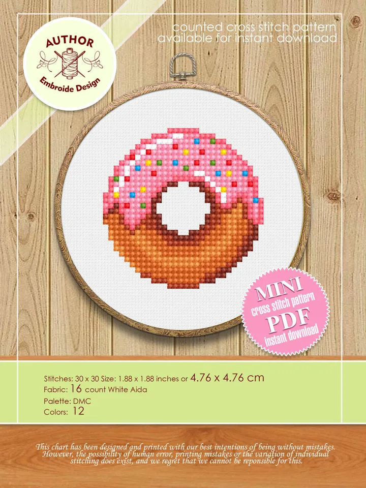 Pink donut small cross stitch pattern PDF Mini cross stitch chart, Minimalistic food cross stitch Instant download PDF, Beginner stitch #F3